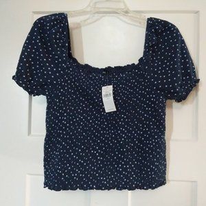 [M] Smocked Polka Dot Puffy Sleeved Crop Top